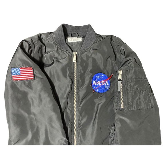 H&M NASA Bomber Flight Jacket Black USA Flag Patch Boys Size 10 12 - Picture 4 of 7